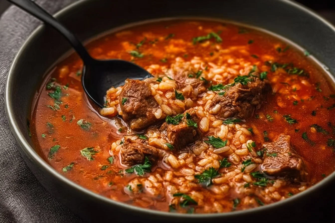 Bowl of Tomato Rice Soup with Beef garnished with herbs