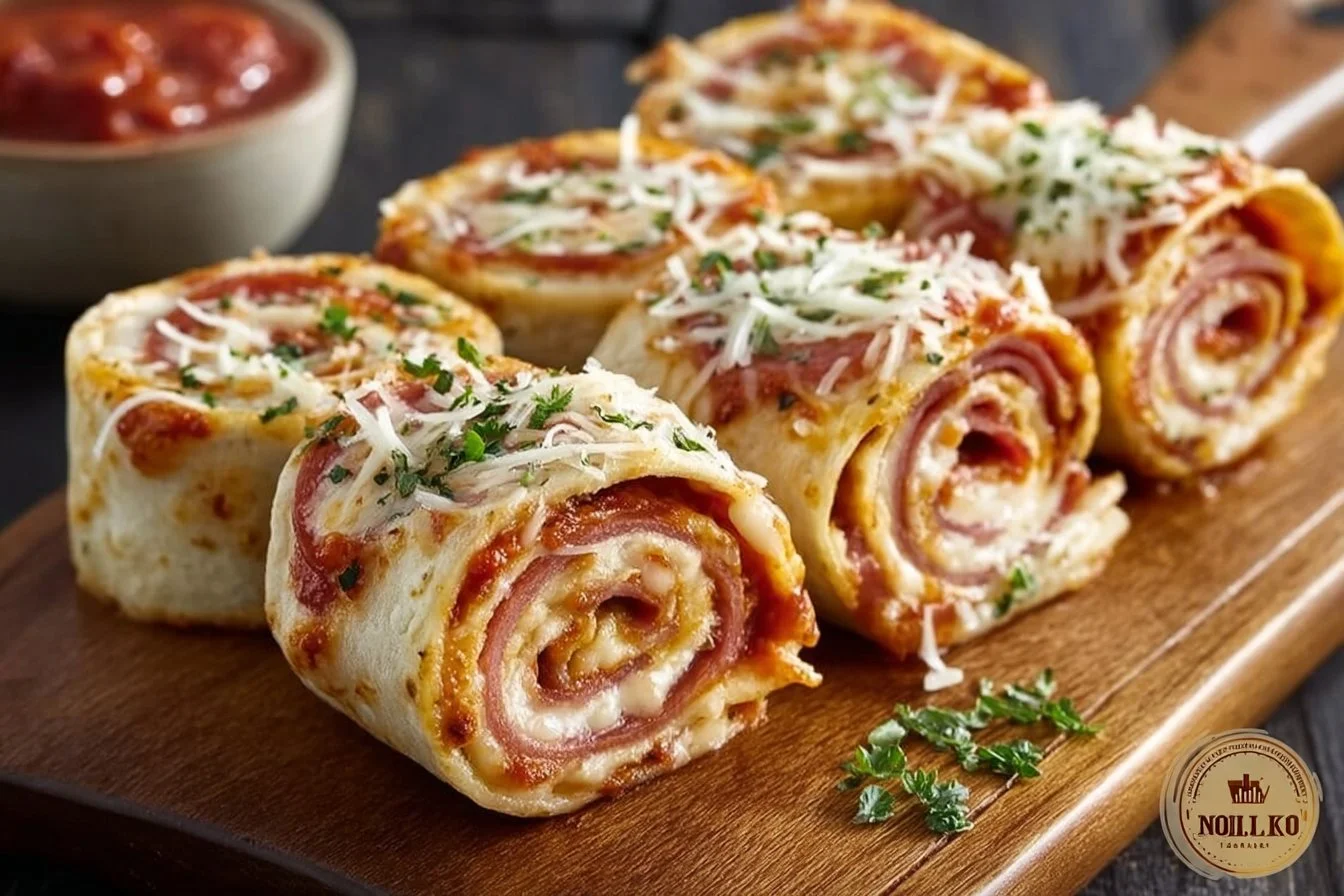 Delicious tortilla pizza rolls served with dipping sauce