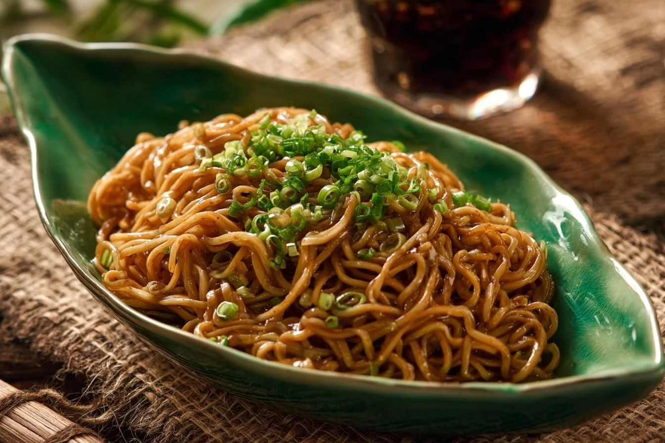 Plate of Triple Garlic Noodles garnished with herbs