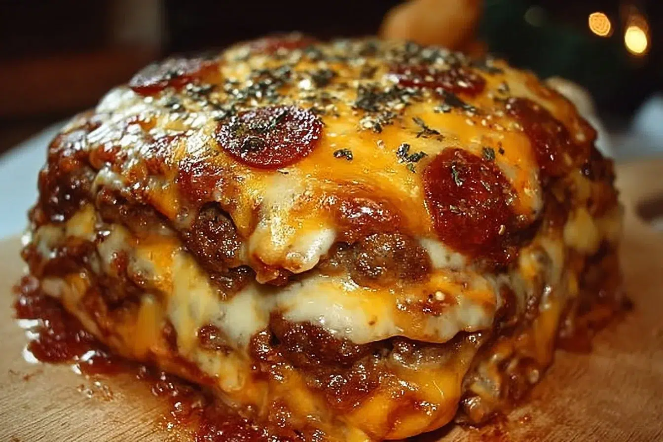 Ultimate Cheesy Pizza Burger Bake with melted cheese and toppings.