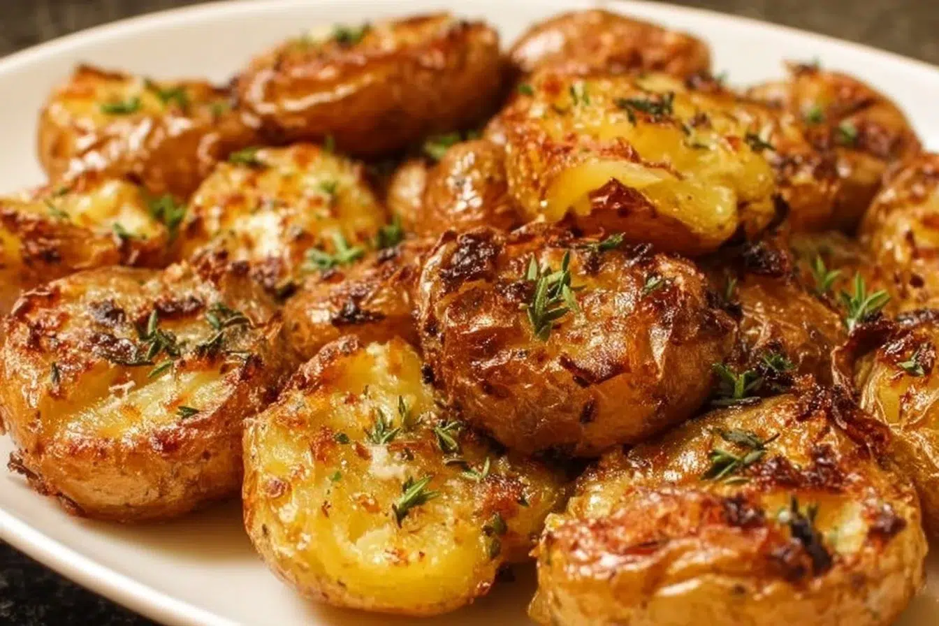 Plate of ultra-crispy garlic smashed potatoes with herbs and spices