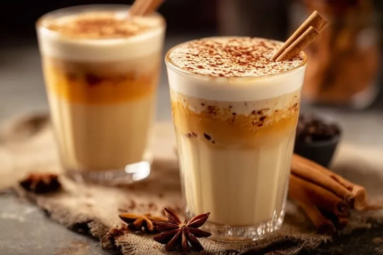 A cup of Vanilla Cinnamon Milk Tea garnished with cinnamon and vanilla pods