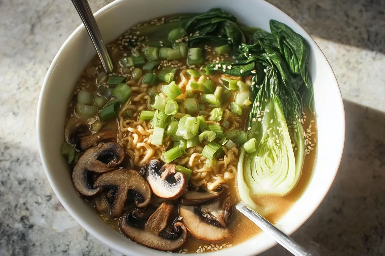 Bowl of Vegan Spicy Ramen topped with fresh vegetables and chili flakes