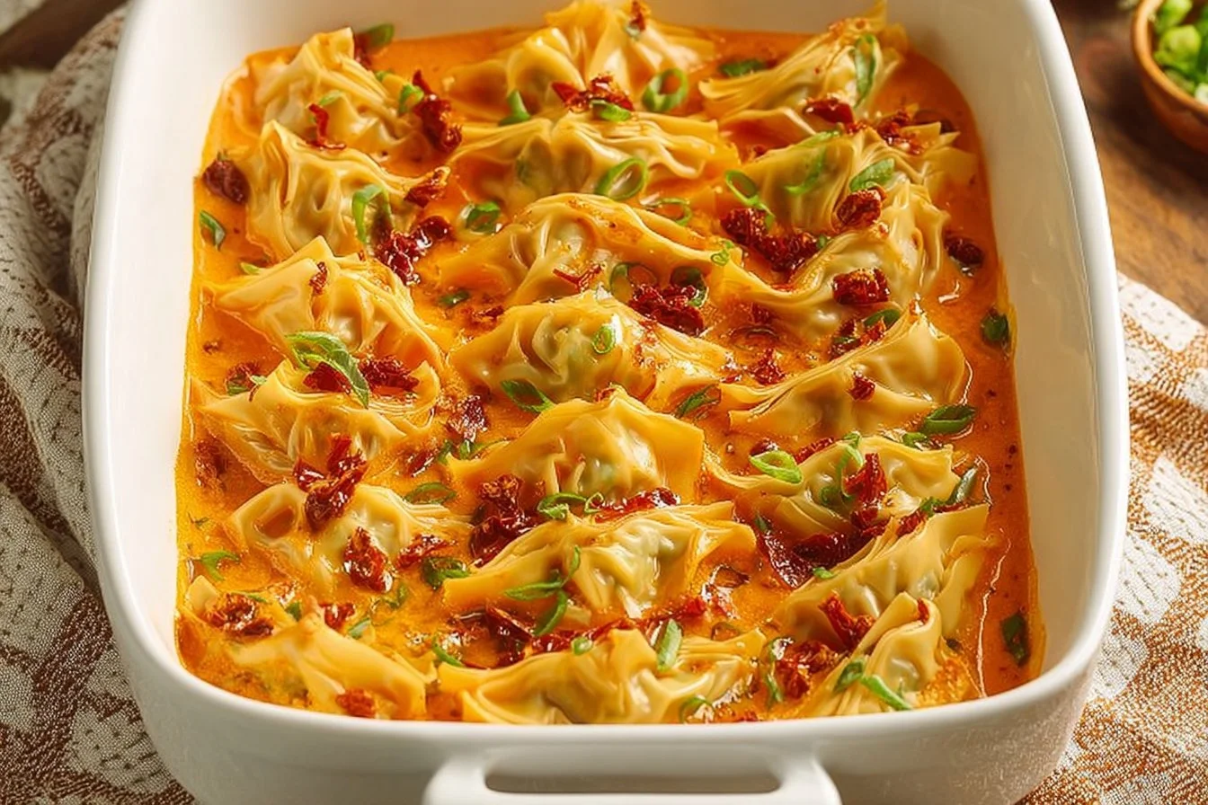 Viral Trader Joe's Dumpling Bake recipe with crispy dumplings and savory sauce