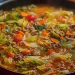 Healthy Weight Watchers cabbage soup in a bowl, garnished with herbs.