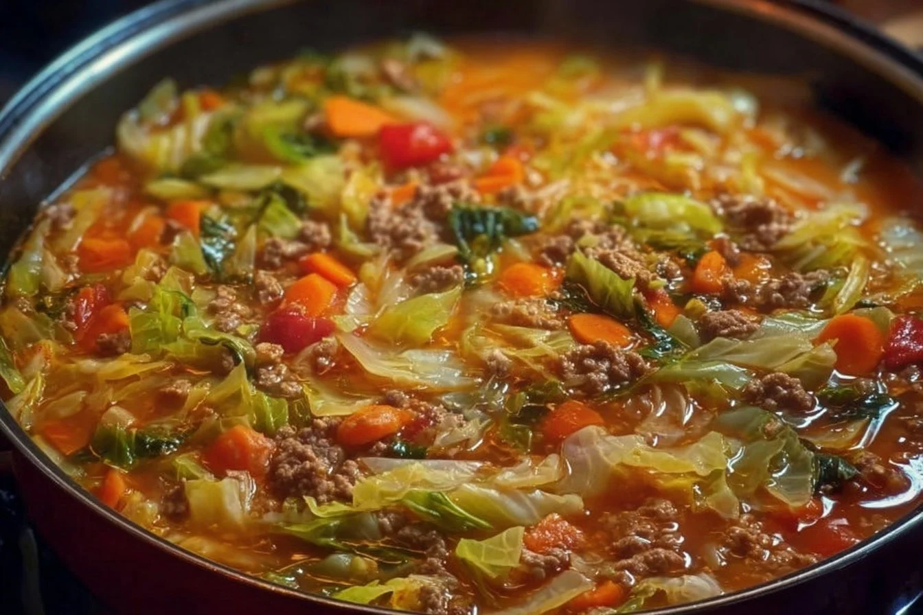 Healthy Weight Watchers cabbage soup in a bowl, garnished with herbs.