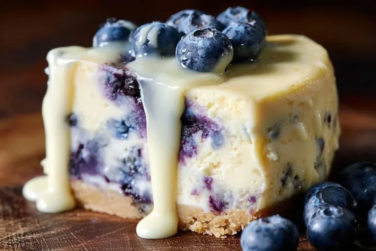 Slice of creamy white chocolate blueberry cheesecake topped with fresh blueberries
