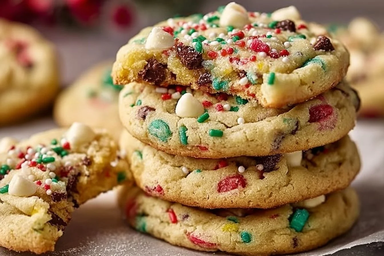 Freshly baked Winter Wonderland Chocolate Chip Cookies on a festive plate.