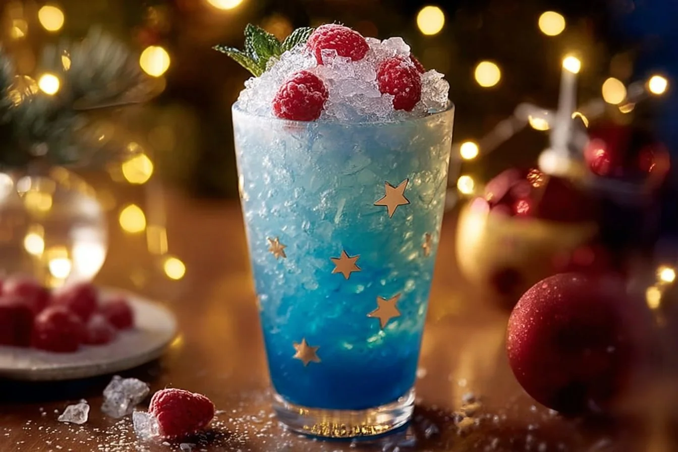 Winter Wonderland Mocktail with festive garnishes in a glass.