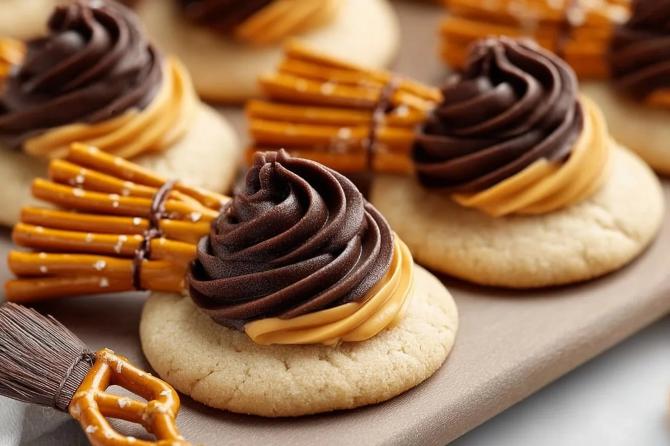 Decorated witches' broom cookies for Halloween festivities