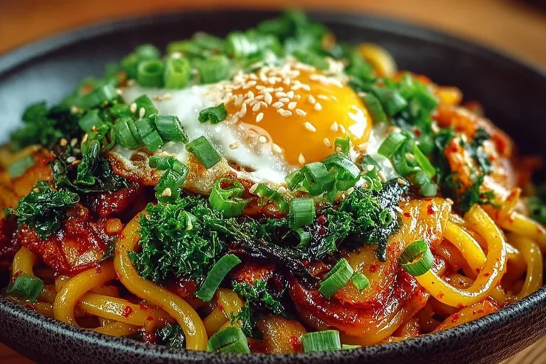 Delicious 15-Minute Kimchi Udon Stir Fry with colorful vegetables and noodles