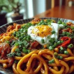 Delicious 15-minute kimchi udon stir fry with colorful vegetables
