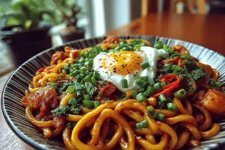 Delicious 15-minute kimchi udon stir fry with colorful vegetables