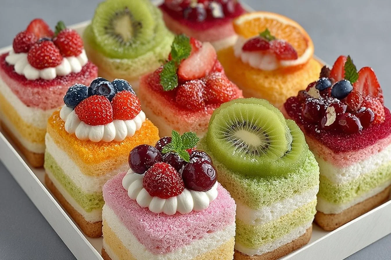 Colorful bento cake decorated with fresh fruits and cream