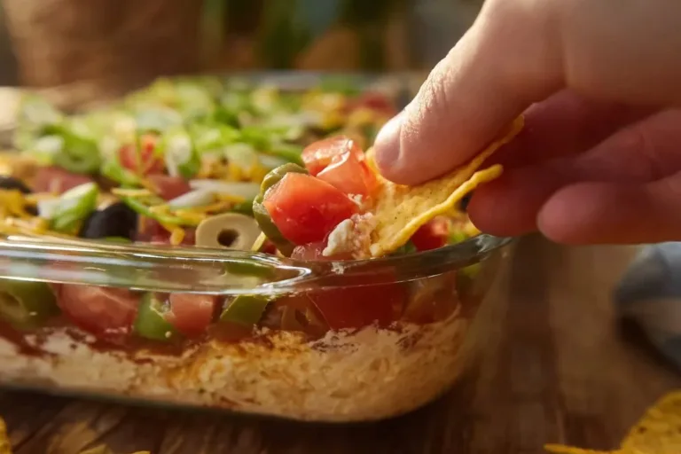 Delicious 7-layer dip served in a bowl with colorful toppings