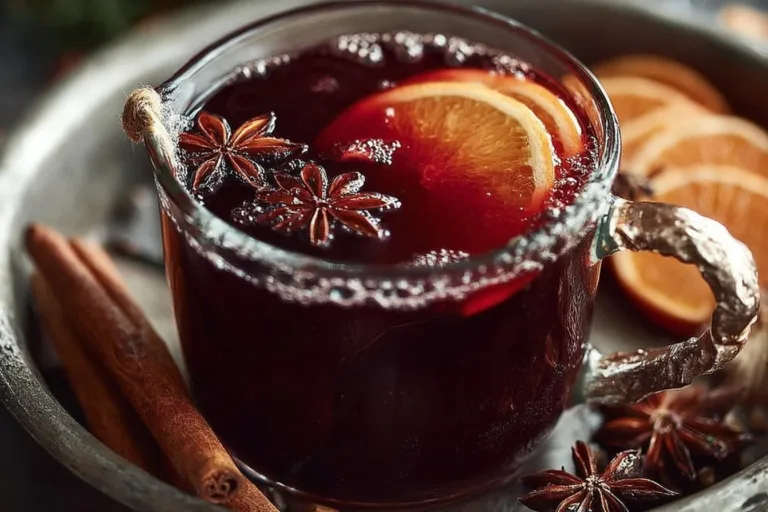 AIP mulled wine mocktail served in a cozy glass with festive spices and fruit slices.