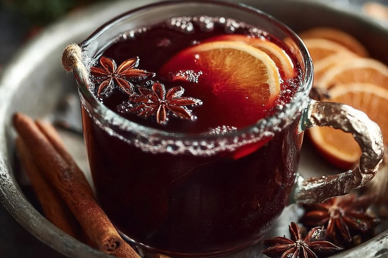 AIP mulled wine mocktail served in a cozy glass with festive spices and fruit slices.