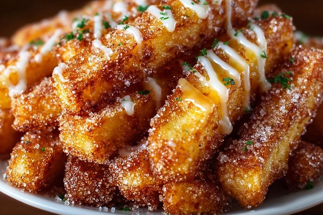 Bowl of crispy Air Fryer Apple Fries with cinnamon sugar sprinkle