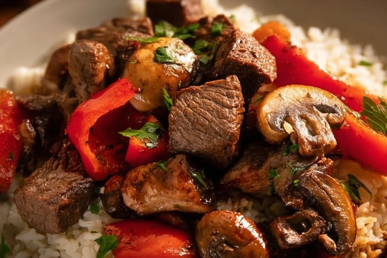 succulent air fryer steak served with colorful veggies on a plate