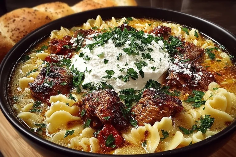 Bowl of creamy Alfredo Lasagna Soup topped with herbs and cheese