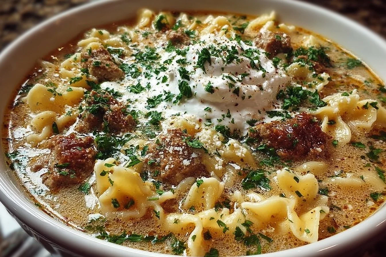 Creamy Alfredo Lasagna Soup in a bowl garnished with fresh herbs