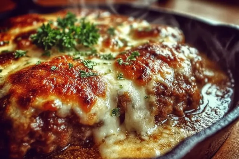 Amish Hamburger Steak Bake garnished with herbs on a plate.