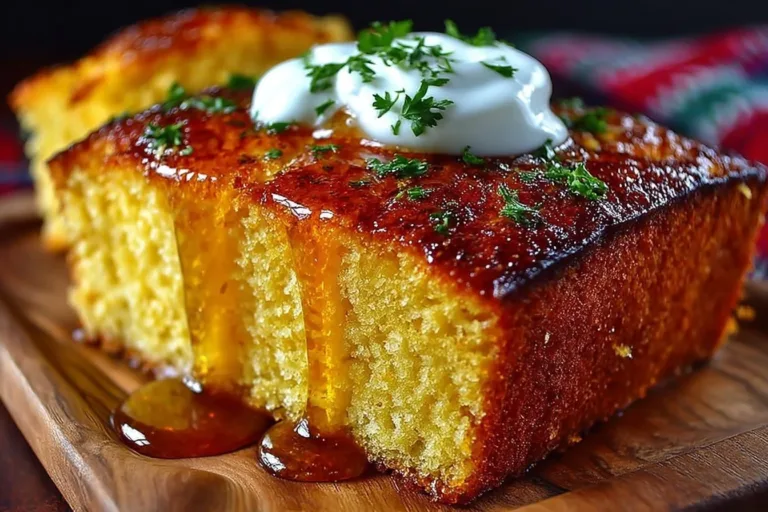 Delicious Amish sour cream cornbread served on a wooden table