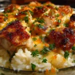 Delicious Angel Chicken Rice Casserole topped with herbs and melted cheese