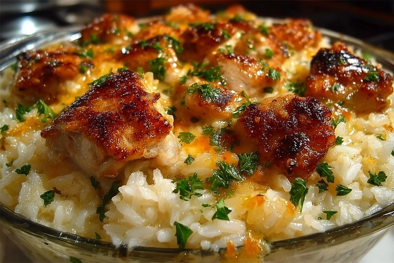 Delicious Angel Chicken Rice Casserole topped with herbs and melted cheese