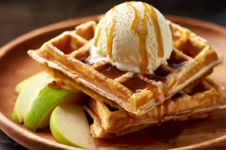 Delicious apple cinnamon waffles topped with fresh apples and cinnamon.