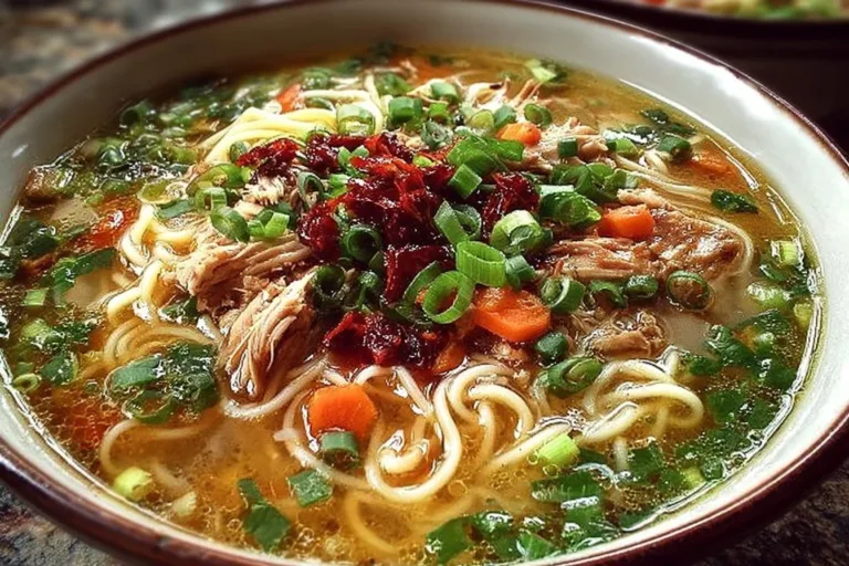 A bowl of aromatic ginger garlic chicken noodle soup garnished with herbs.