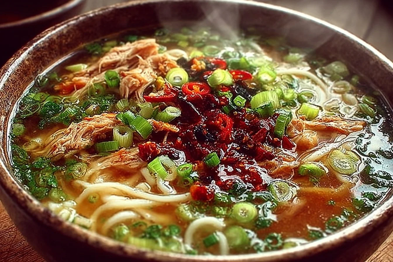 Aromatic ginger garlic chicken noodle soup served in a bowl with fresh herbs