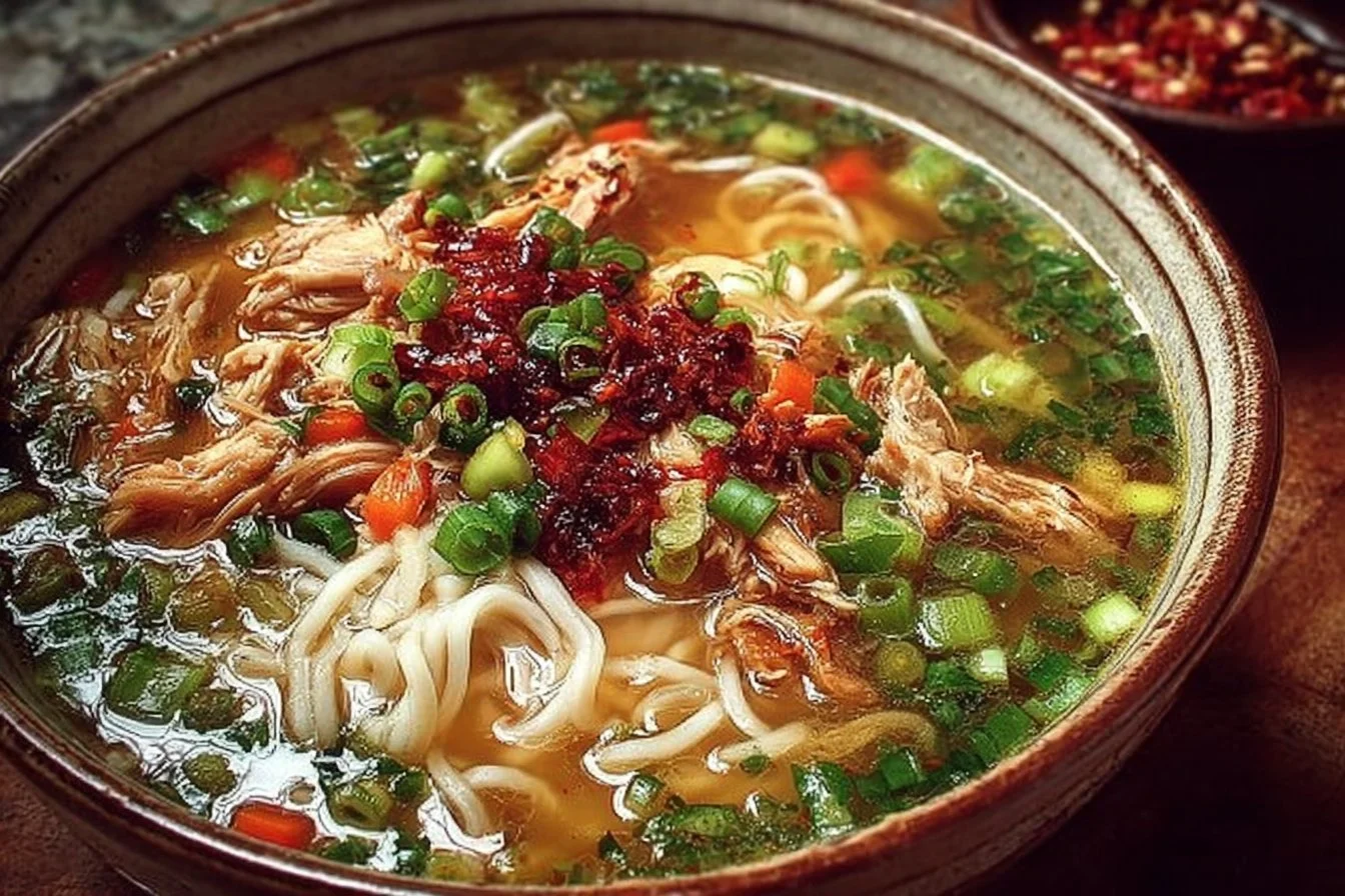 Aromatic Ginger Garlic Chicken Noodle Soup with fresh ingredients in a bowl