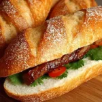 Authentic Bánh Mì Vietnamese baguette with fresh vegetables and meats