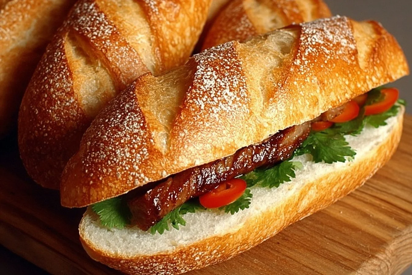 Authentic Bánh Mì Vietnamese baguette with fresh vegetables and meats