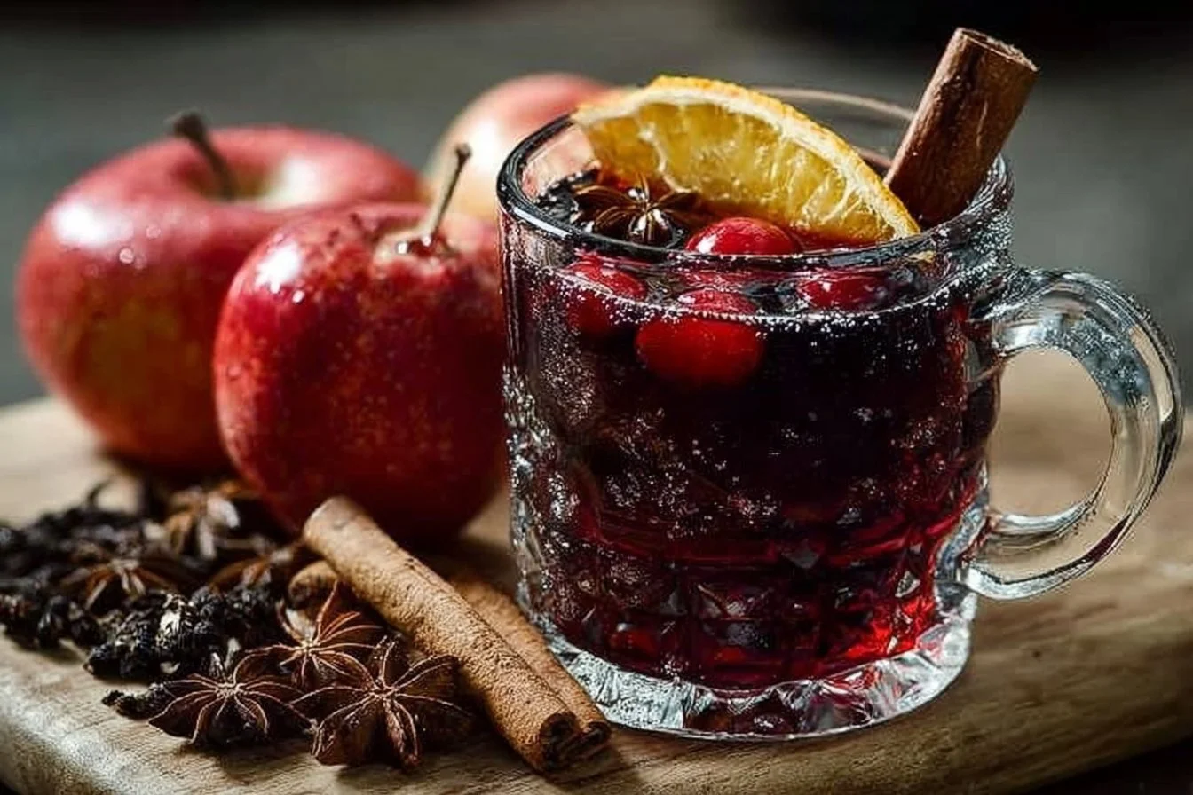A steaming cup of authentic German Glühwein with spices and orange slices.