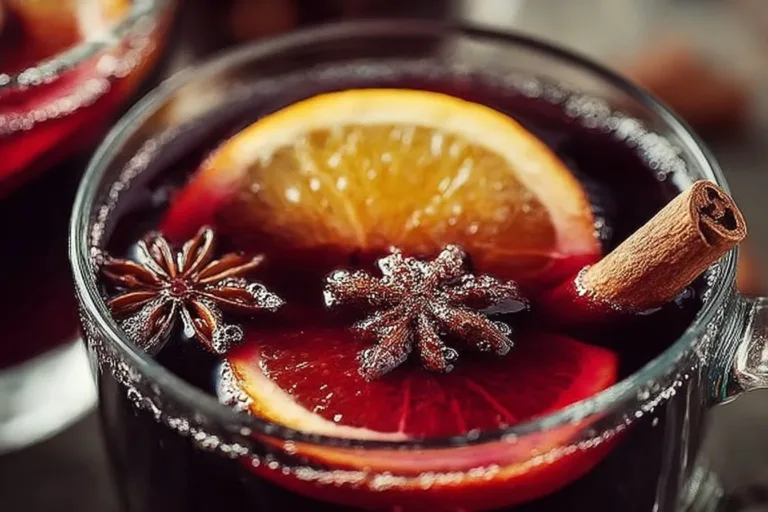 A steaming mug of authentic German mulled wine (Glühwein) with spices and citrus fruits.