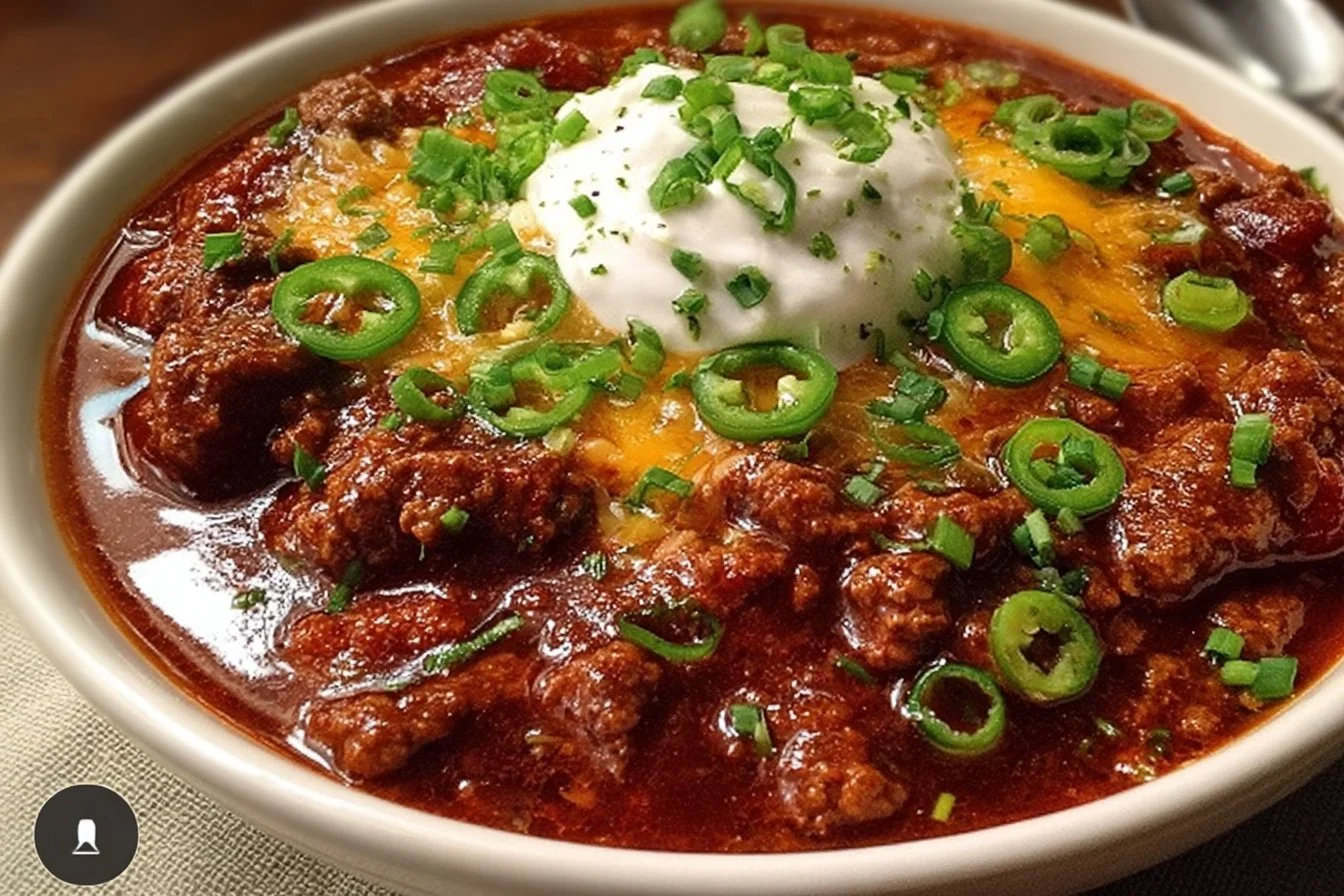 Award-winning championship chili recipe in a bowl garnished with toppings
