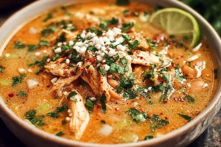 Bowl of award winning white chicken chili topped with cilantro
