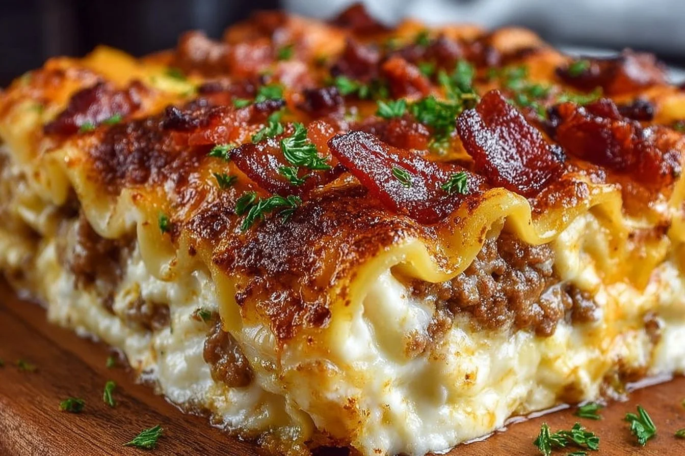 Delicious Bacon Cheeseburger Sheet Pan Lasagna ready to serve