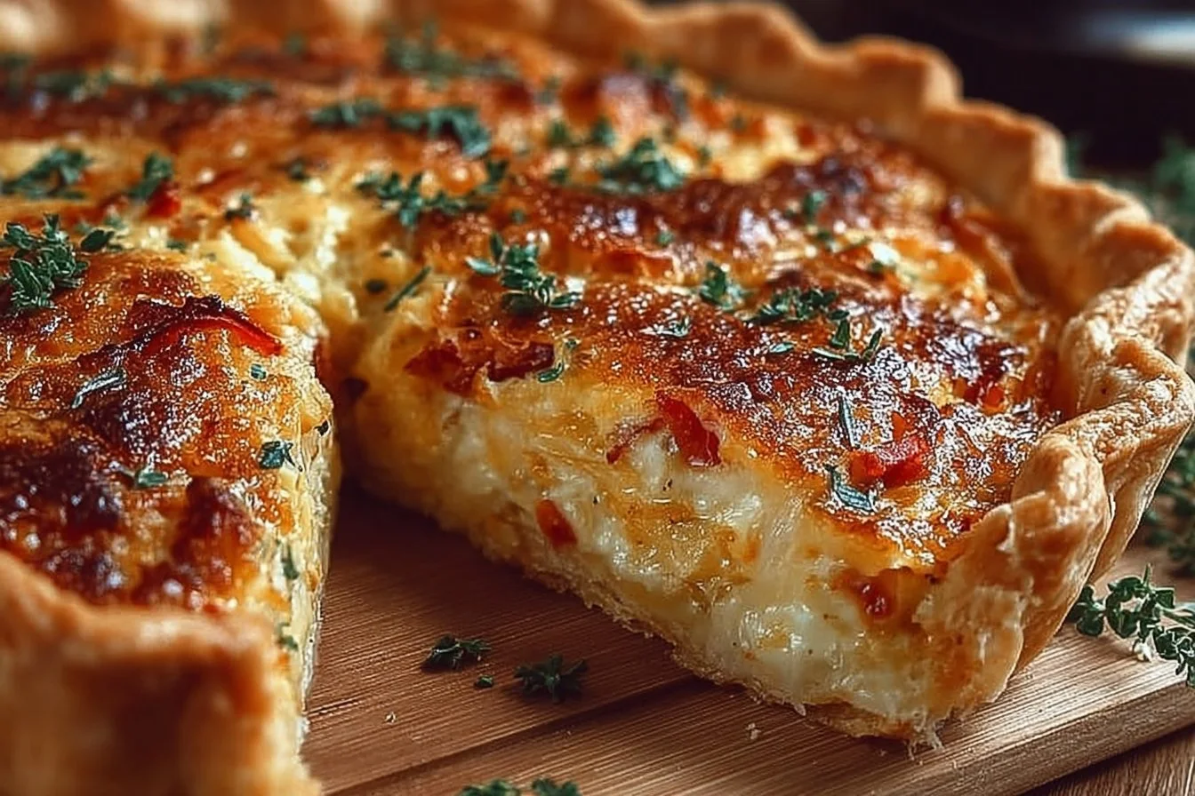 Delicious homemade Bacon Onion Tomato Pie served on a rustic wooden table.