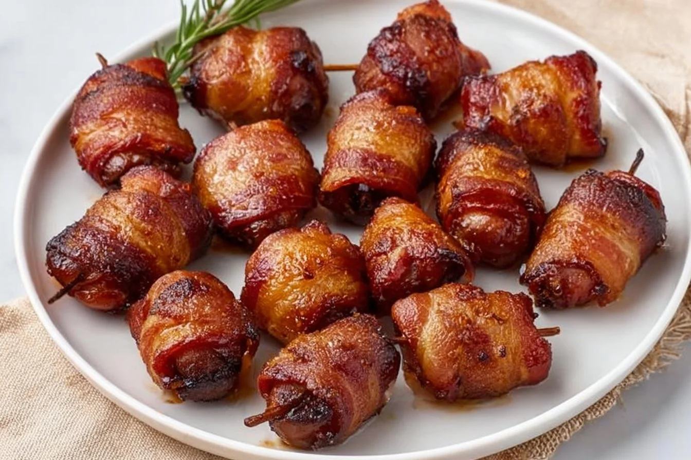 Delicious bacon-wrapped water chestnuts appetizer on a platter
