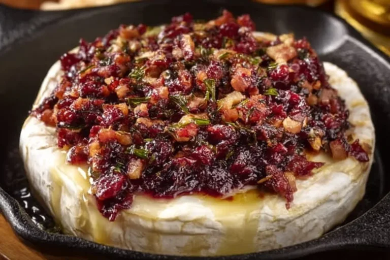 Baked Brie topped with jam and nuts served on a wooden board
