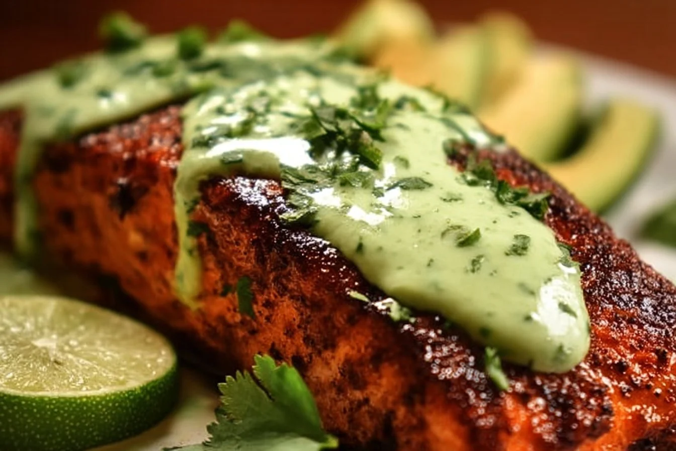 Baked Cajun salmon fillet topped with avocado lime sauce on a plate.