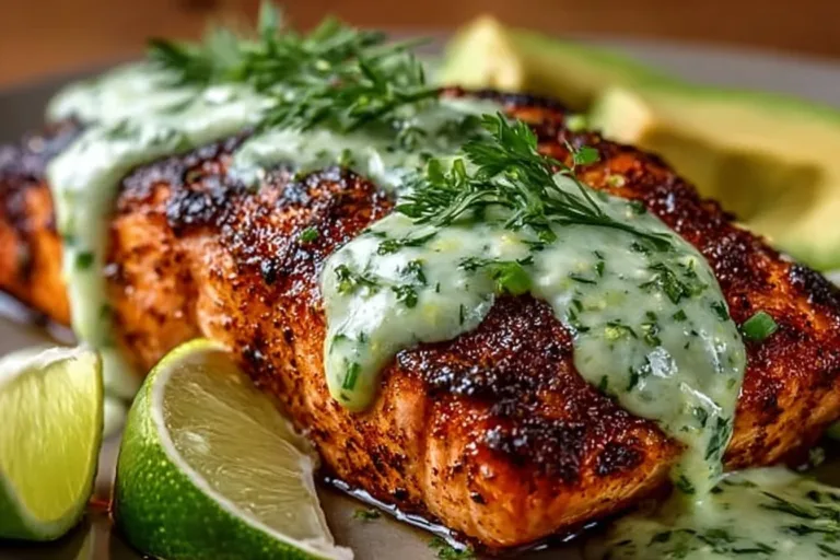 Baked Cajun Salmon topped with Avocado Lime Sauce on a plate