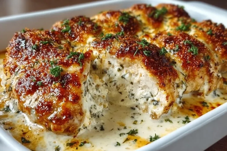 Delicious Baked Cream Cheese Chicken served with herbs on a plate.