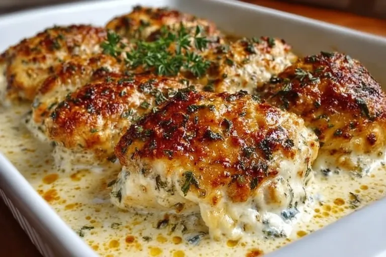 Delicious baked cream cheese chicken served on a plate with herbs