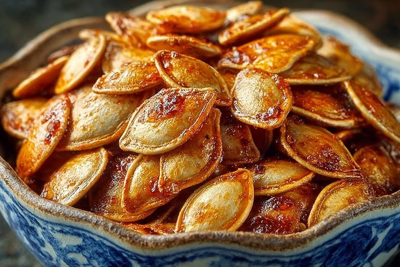 Plate of baked pumpkin seeds seasoned with Worcestershire sauce