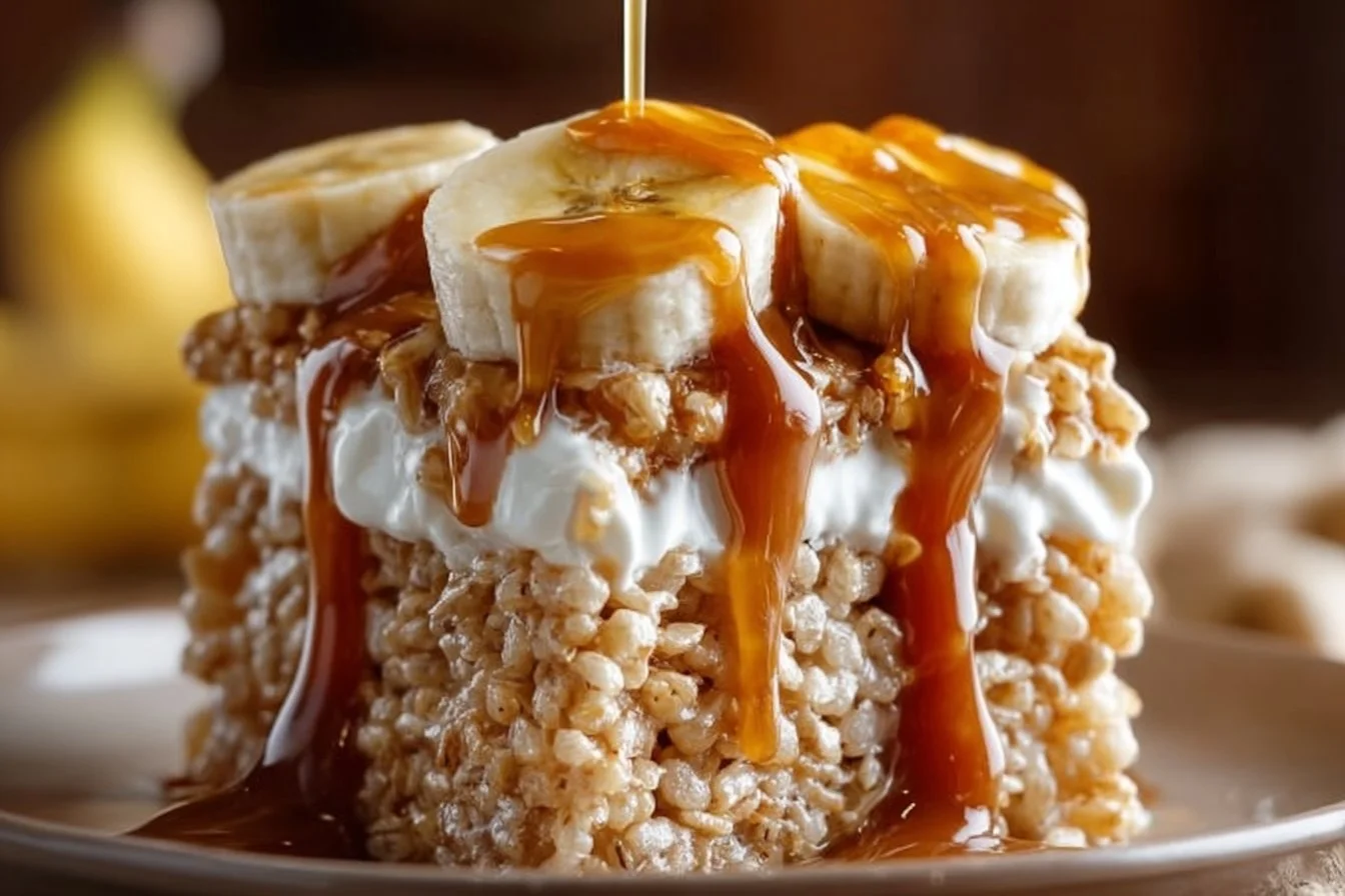 Delicious Banana Pudding Rice Krispie Treats on a white plate