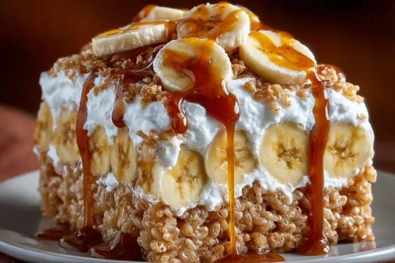 Delicious Banana Pudding Rice Krispie Treats with layered banana and whipped cream.